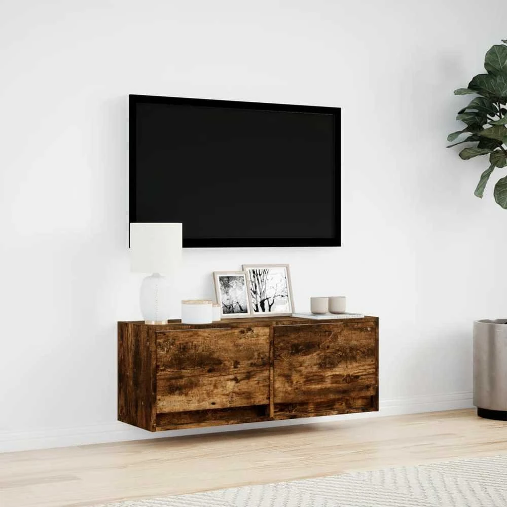 TV staliukas Sieninė TV spintelė su LED lemputėmis, dūminė, 100x31x35cm