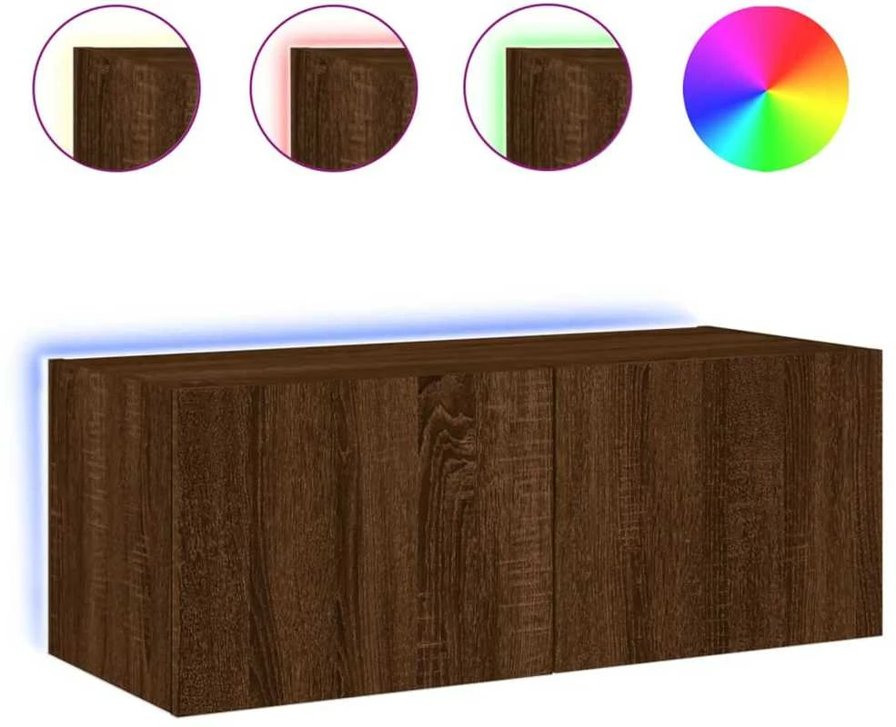 TV staliukas Sieninė TV spintelė su LED lemputėmis, ruda ąžuolo, 80x35x31cm