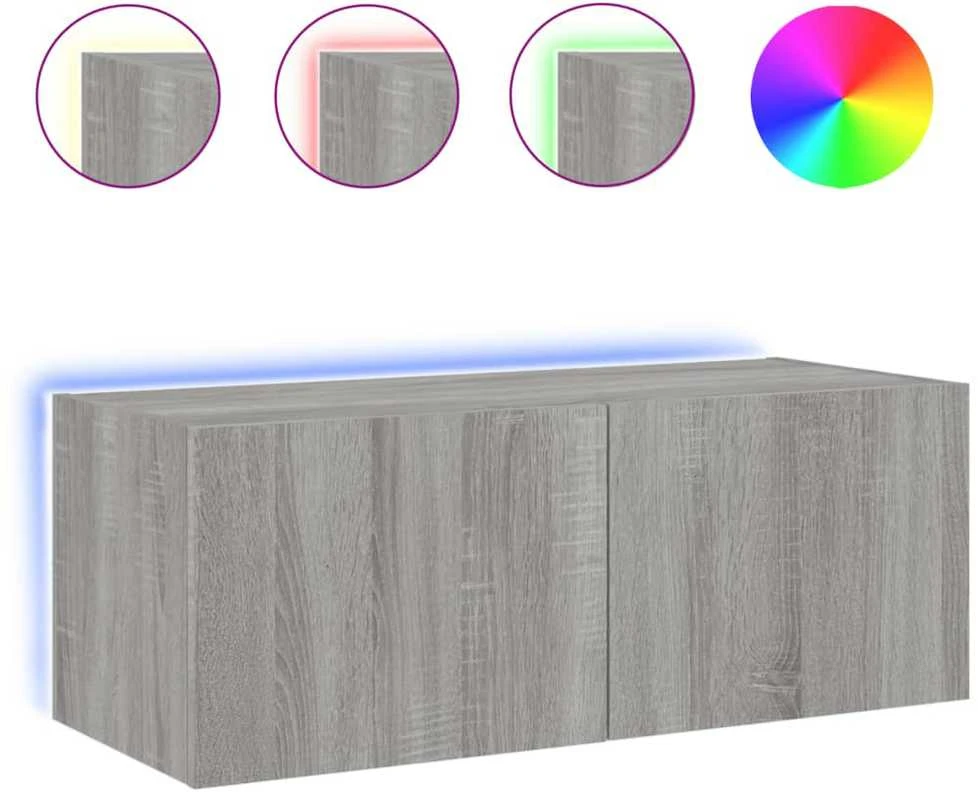 TV staliukas Sieninė TV spintelė su LED lemputėmis, pilka ąžuolo, 80x35x31cm