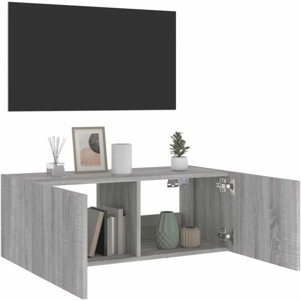 TV staliukas Sieninė TV spintelė su LED lemputėmis, pilka ąžuolo, 80x35x31cm