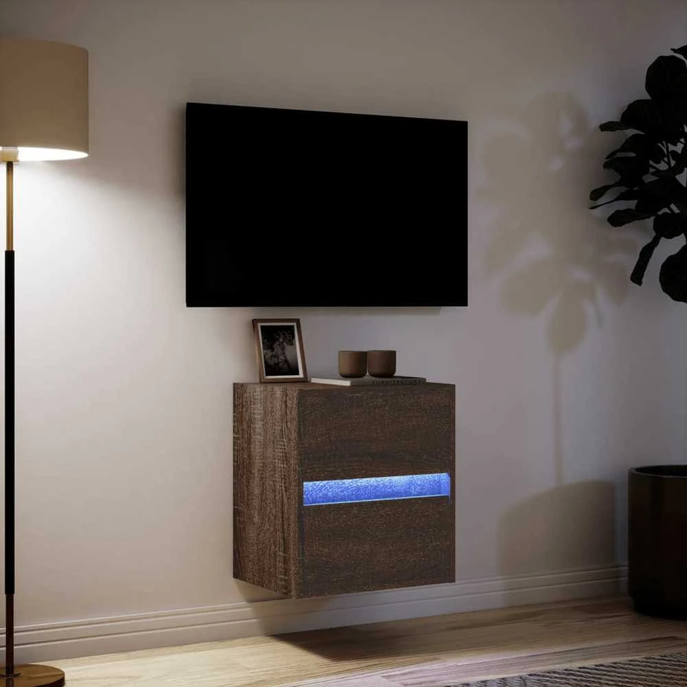 TV staliukas Sieninė TV spintelė su LED lemputėmis, ruda ąžuolo, 41x31x45cm