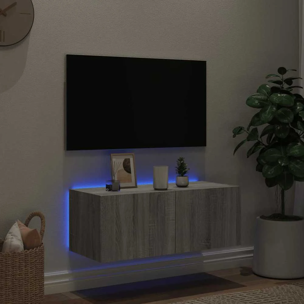 TV staliukas Sieninė TV spintelė su LED lemputėmis, pilka ąžuolo, 80x35x31cm