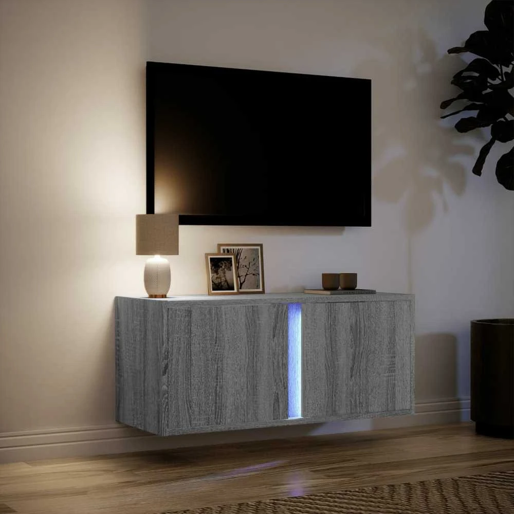 TV staliukas Sieninė TV spintelė su LED lemputėmis, pilka, 80x31x35cm
