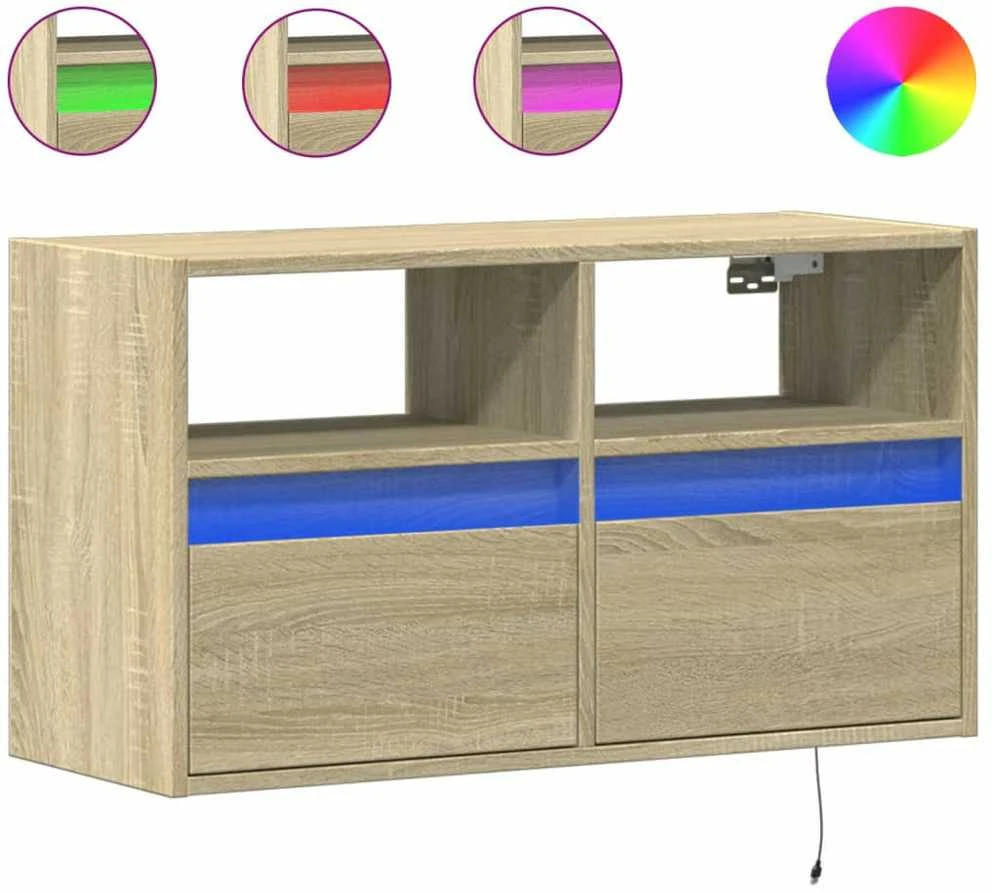TV staliukas Sieninė TV spintelė su LED lemputėmis, ąžuolo, 80x31x45cm