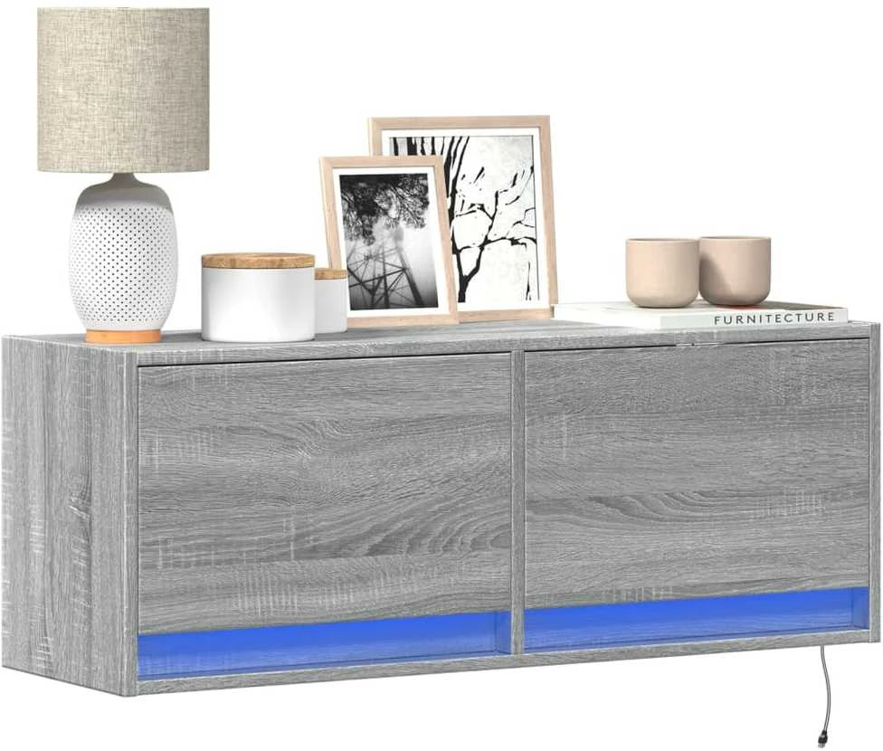 TV staliukas Sieninė TV spintelė su LED lemputėmis, pilka, 100x31x35cm