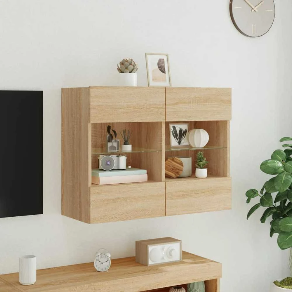 TV staliukas Sieninė TV spintelė su LED lemputėmis, ąžuolo, 78,5x30x60,5cm