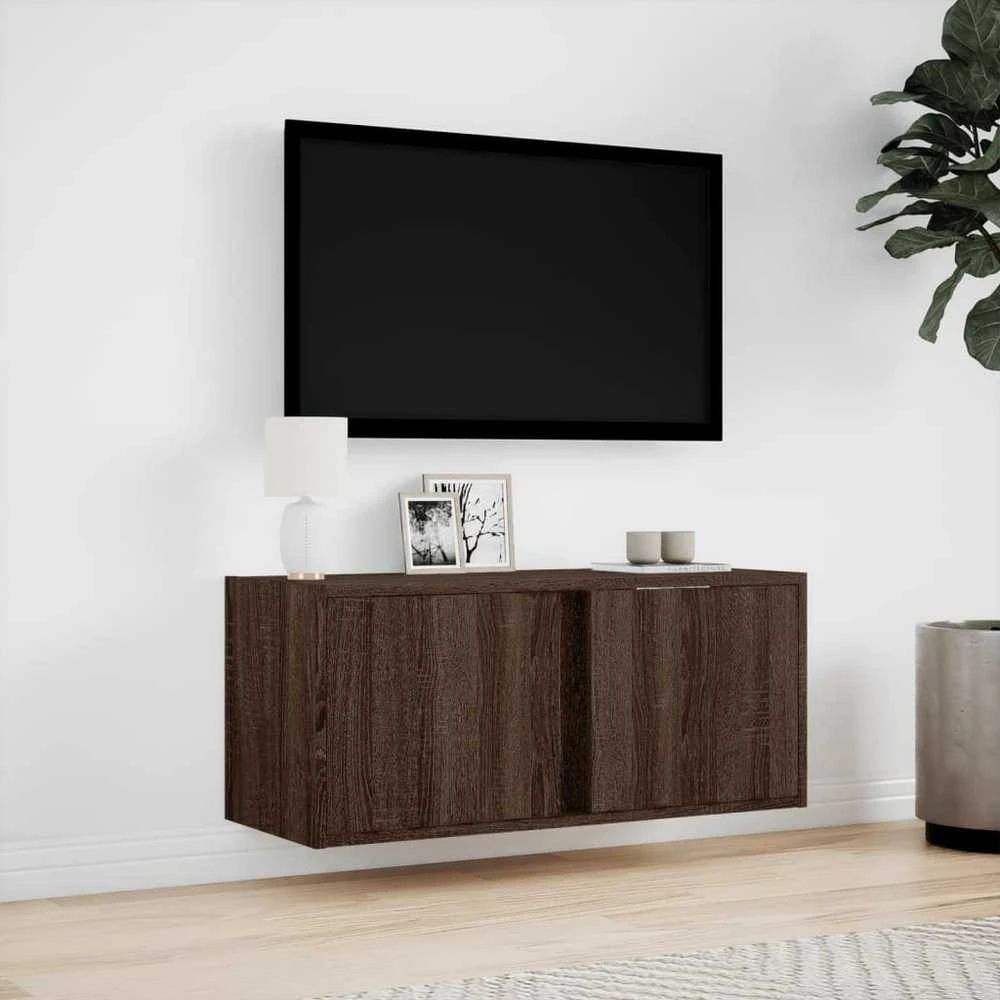 TV staliukas Sieninė TV spintelė su LED lemputėmis, ruda ąžuolo, 80x31x35cm