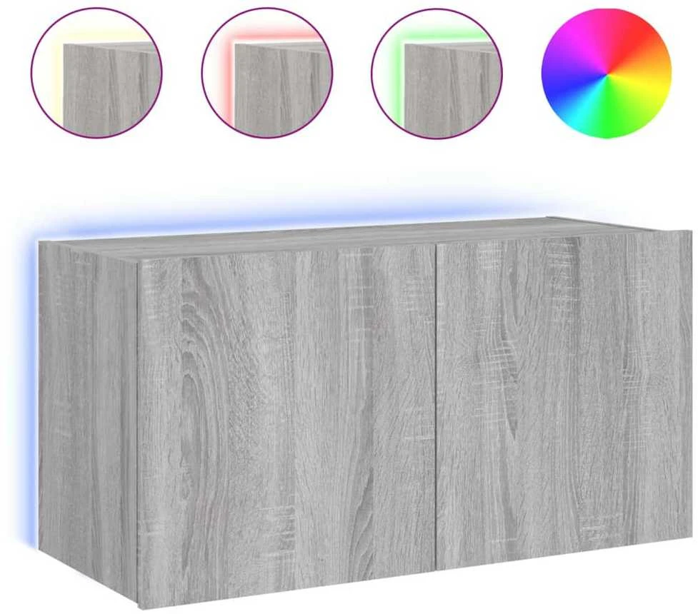 TV staliukas Sieninė TV spintelė su LED lemputėmis, pilka ąžuolo, 80x35x41cm