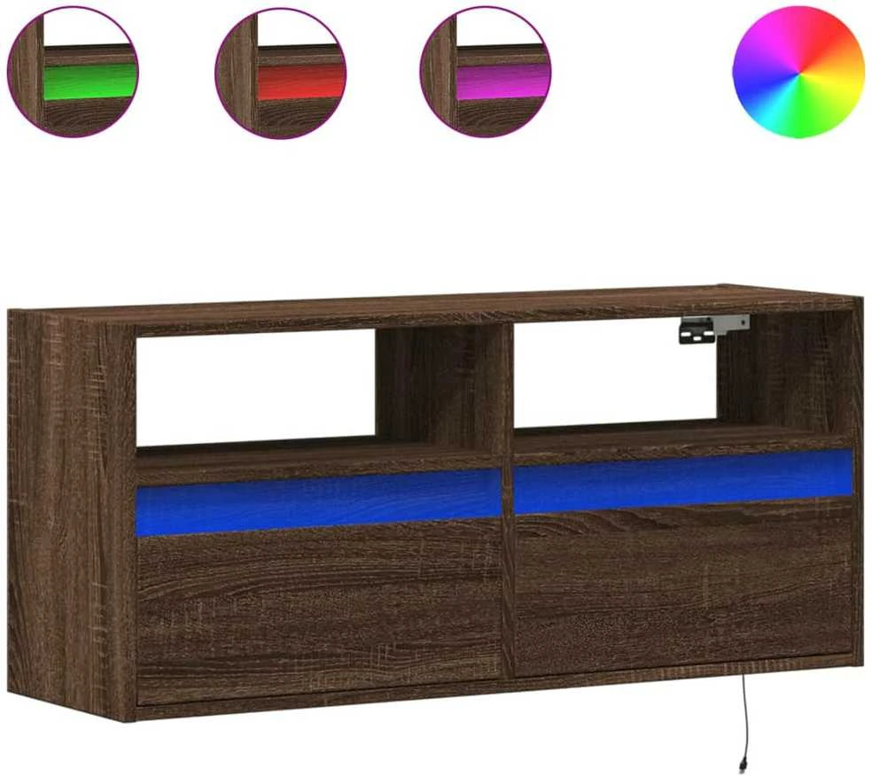 TV staliukas Sieninė TV spintelė su LED lemputėmis, ruda ąžuolo, 100x31x45cm