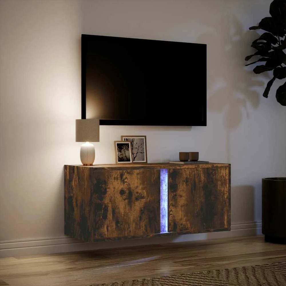 TV staliukas Sieninė TV spintelė su LED lemputėmis, dūminė, 80x31x35cm