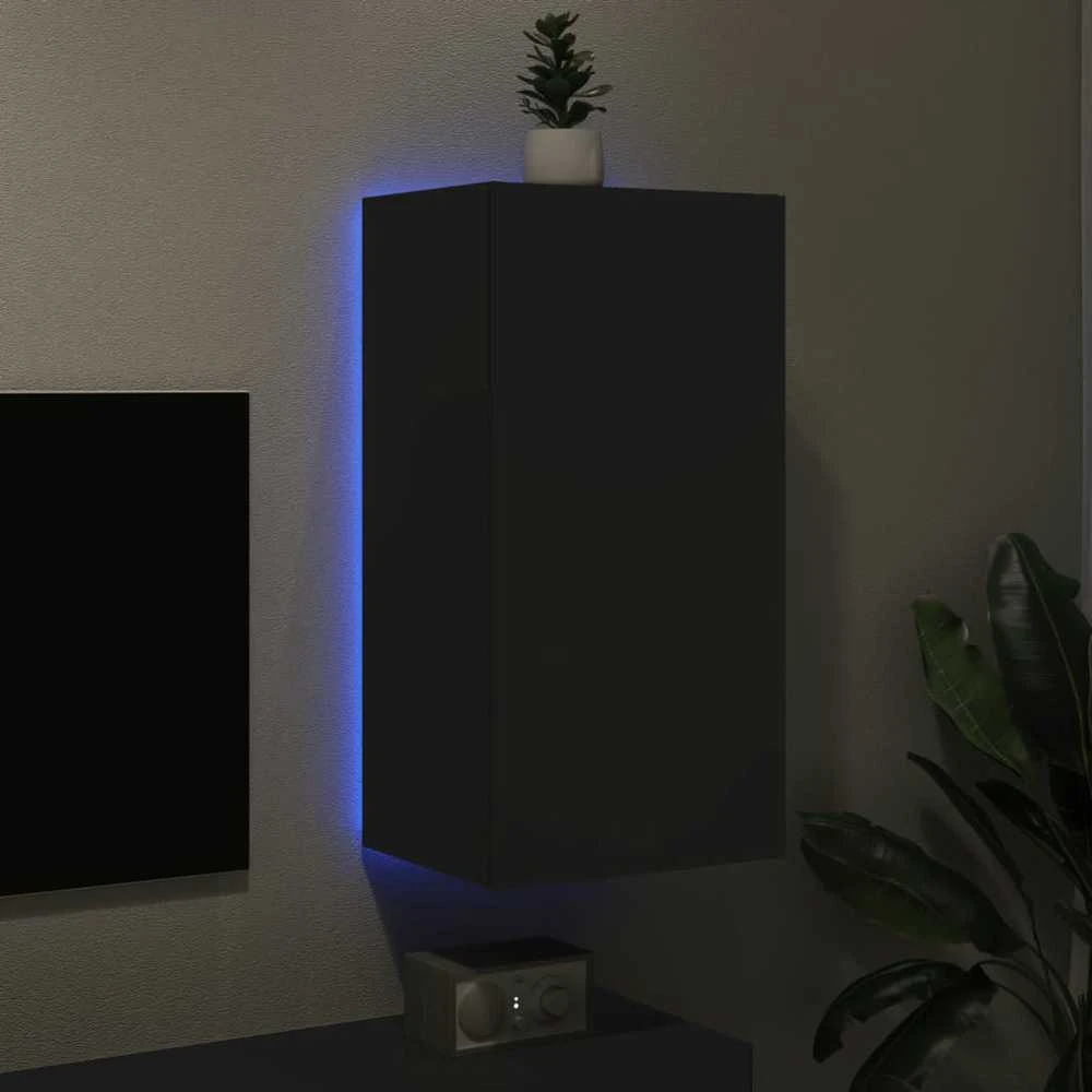 TV staliukas Sieninė TV spintelė su LED lemputėmis, juoda, 40,5x35x80cm