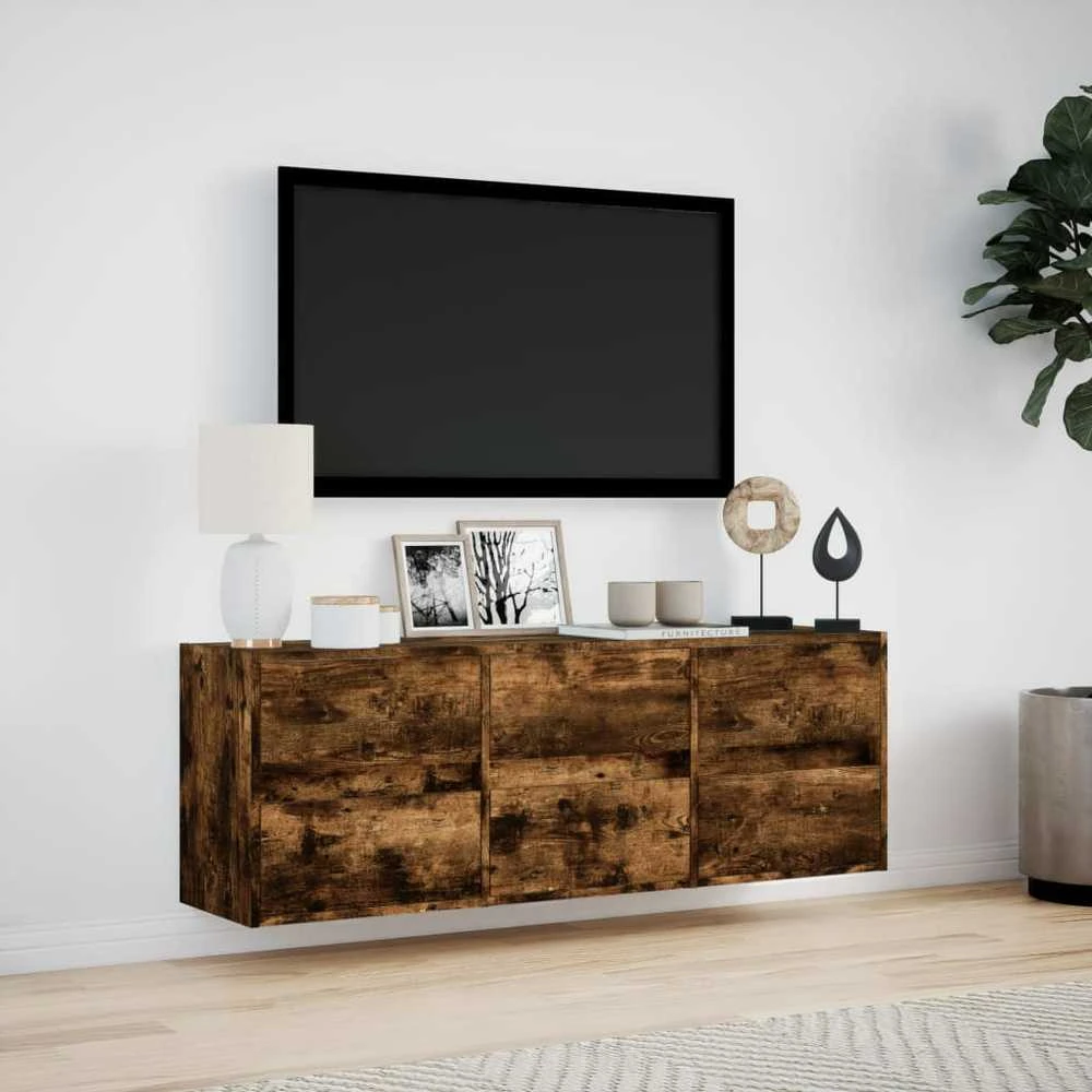 TV staliukas Sieninė TV spintelė su LED lemputėmis, dūminė, 130x31x45 cm