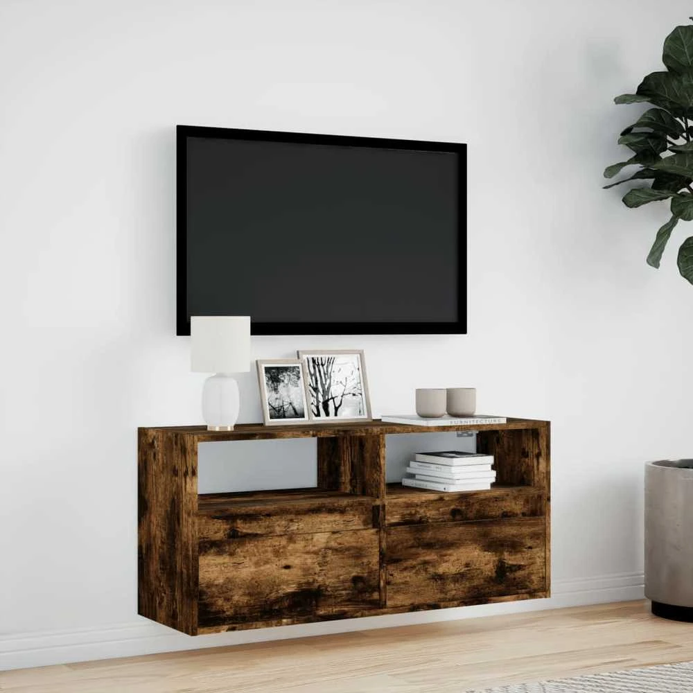 TV staliukas Sieninė TV spintelė su LED lemputėmis, dūminė, 100x31x45cm