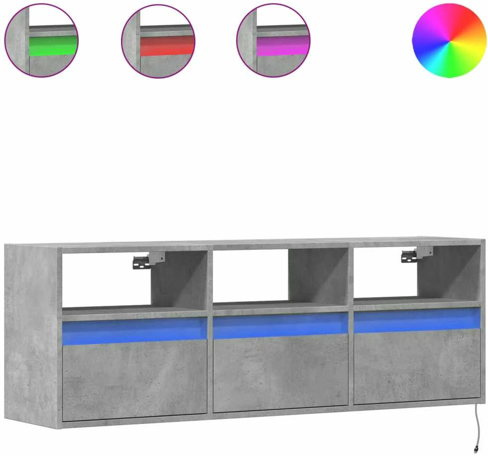 TV staliukas Sieninė TV spintelė su LED lemputėmis, betono, 130x31x45 cm