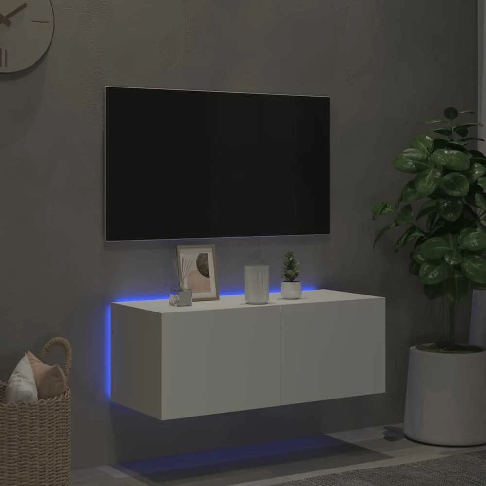 TV staliukas Sieninė TV spintelė su LED lemputėmis, balta, 80x35x31cm