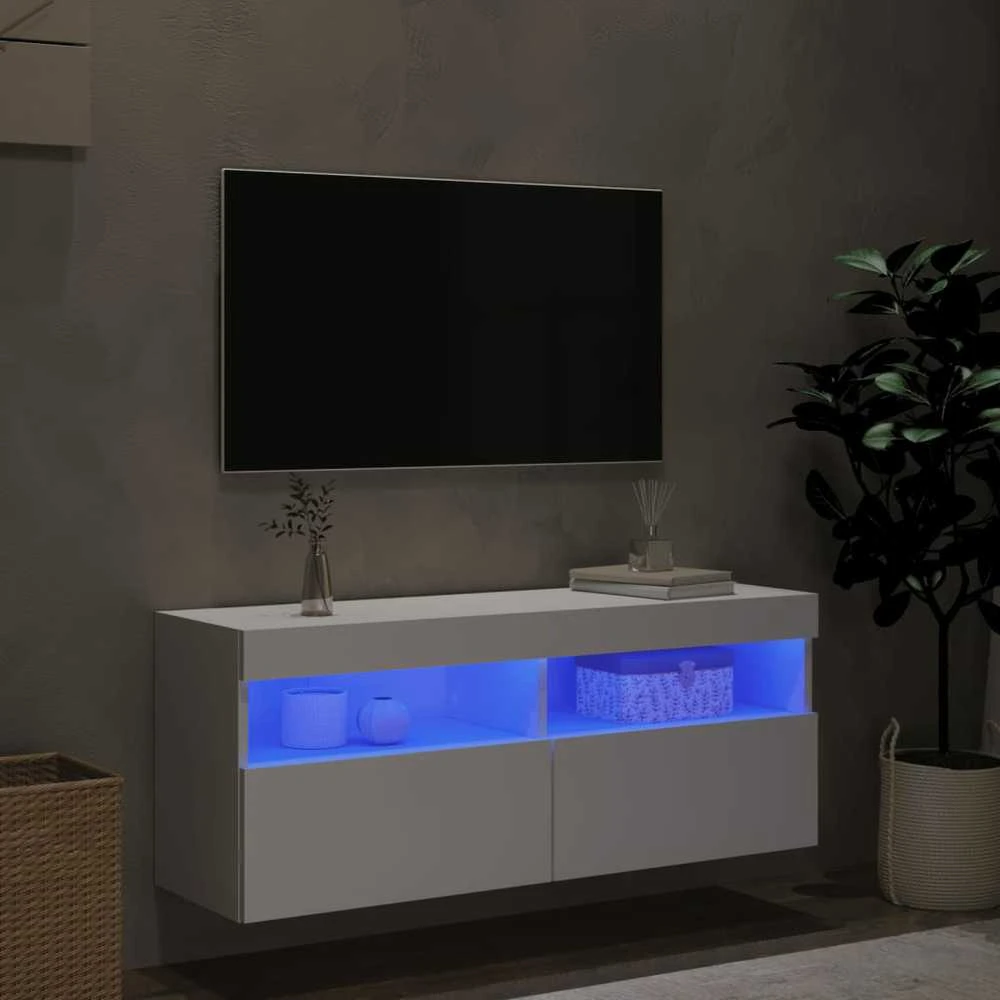 TV staliukas Sieninė TV spintelė su LED lemputėmis, balta, 100x30x40cm
