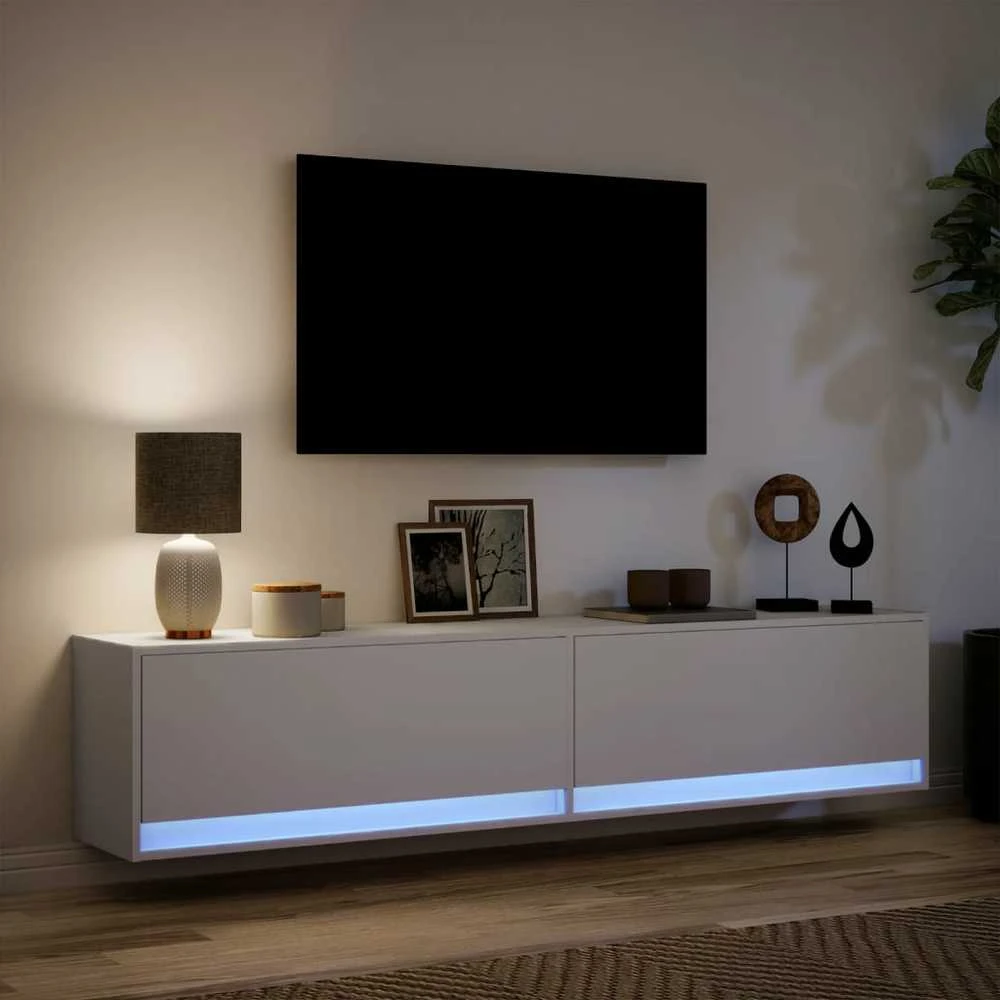 TV staliukas Sieninė TV spintelė su LED lemputėmis, balta, 180x31x38cm