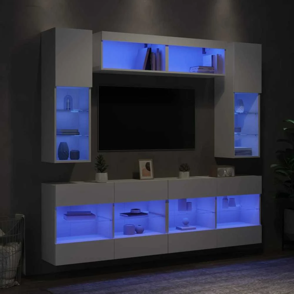 TV staliukas Sieninės TV spintelės su LED lemputėmis, 6vnt., baltos spalvos