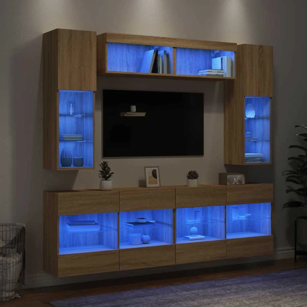 TV staliukas Sieninės TV spintelės su LED lemputėmis, 6vnt., ąžuolo spalvos