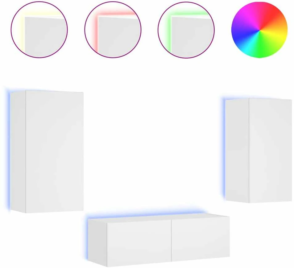 TV staliukas Sieninės TV spintelės su LED lemputėmis, 3 dalių, baltos