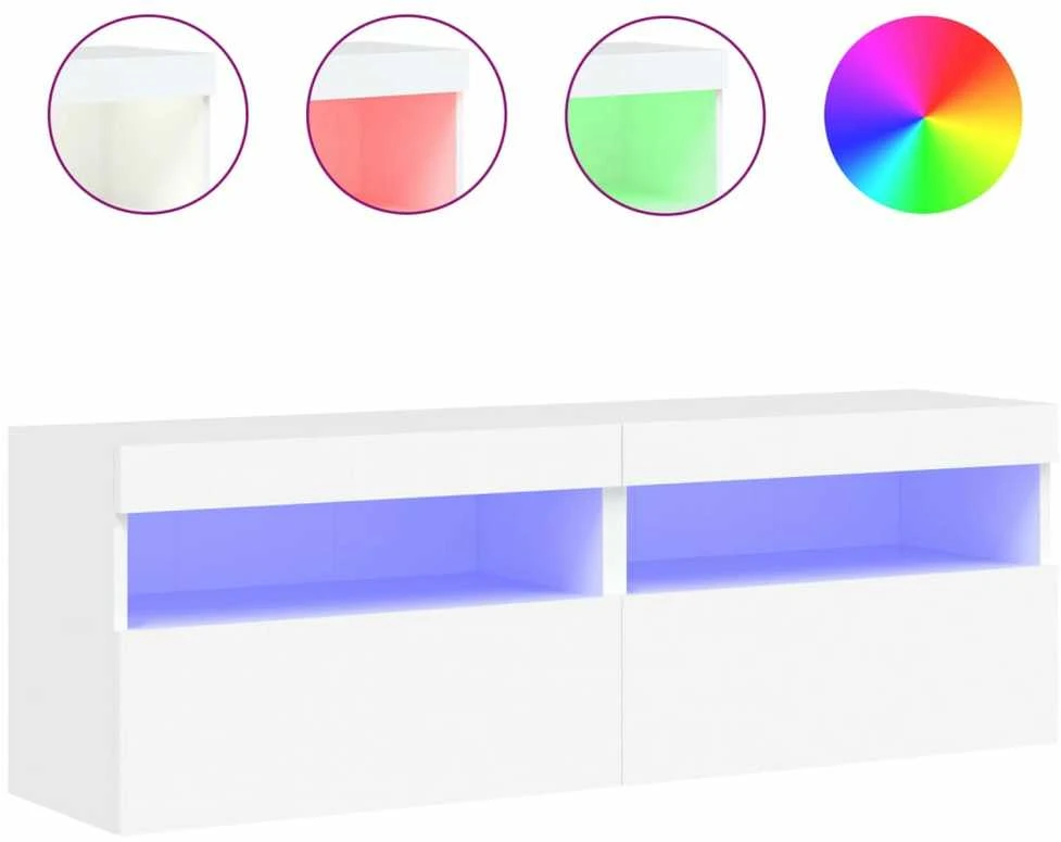 TV staliukas Sieninės TV spintelės su LED, 2vnt., baltos, 60x30x40cm