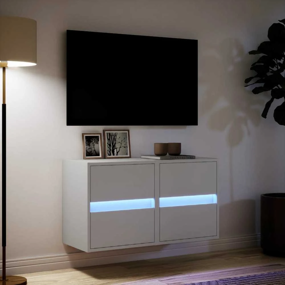 TV staliukas Sieninės TV spintelės su LED, 2vnt., baltos, 41x31x45cm