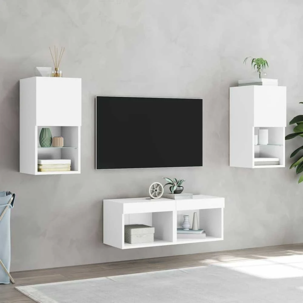 TV staliukas Sieninės TV spintelės su LED lemputėmis, 4 dalių, baltos