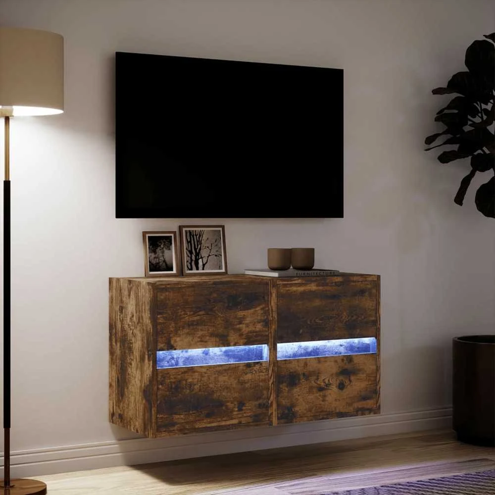 TV staliukas Sieninės TV spintelės su LED, 2vnt., dūminio ąžuolo, 41x31x45cm