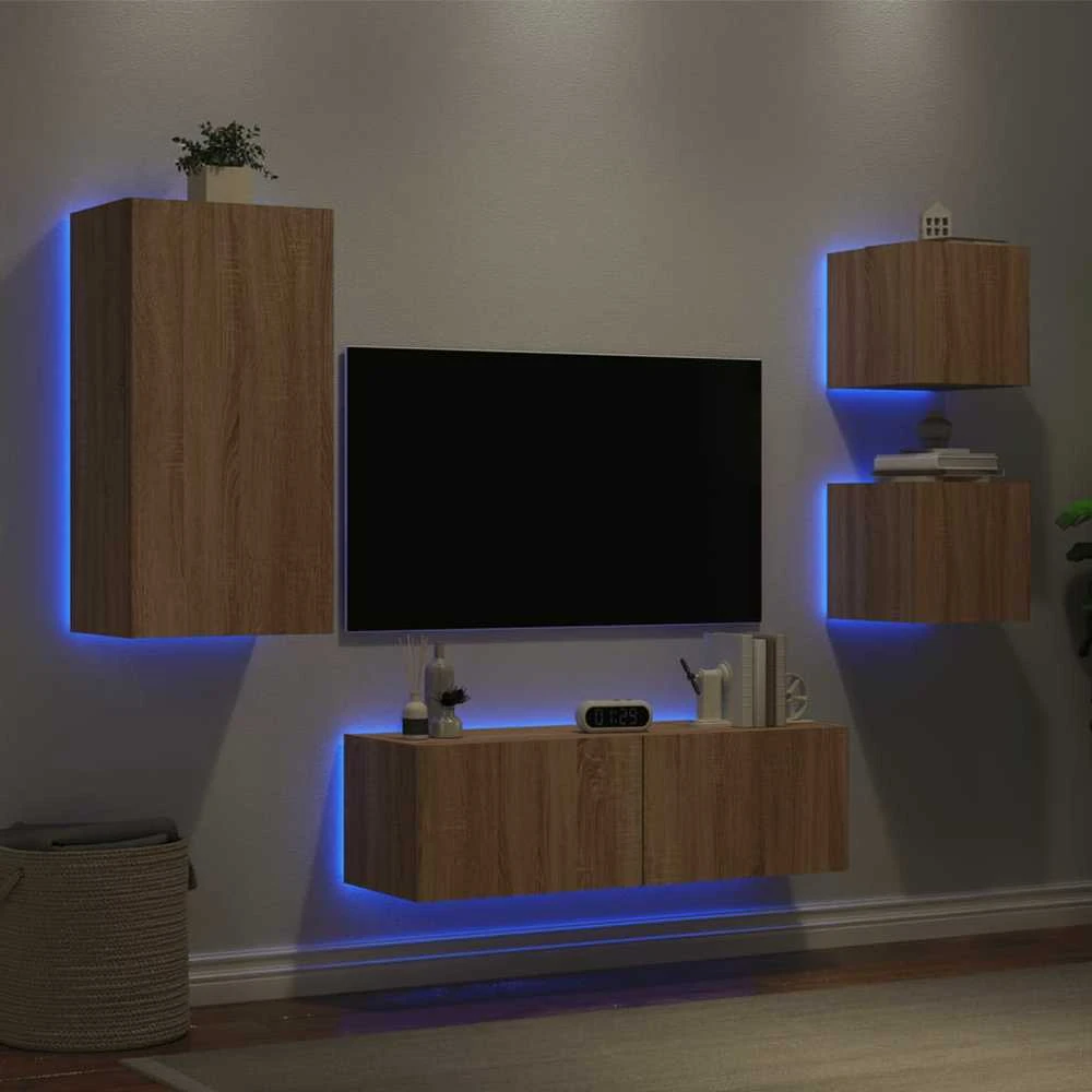 TV staliukas Sieninės TV spintelės su LED lemputėmis, 4 dalių, ąžuolo