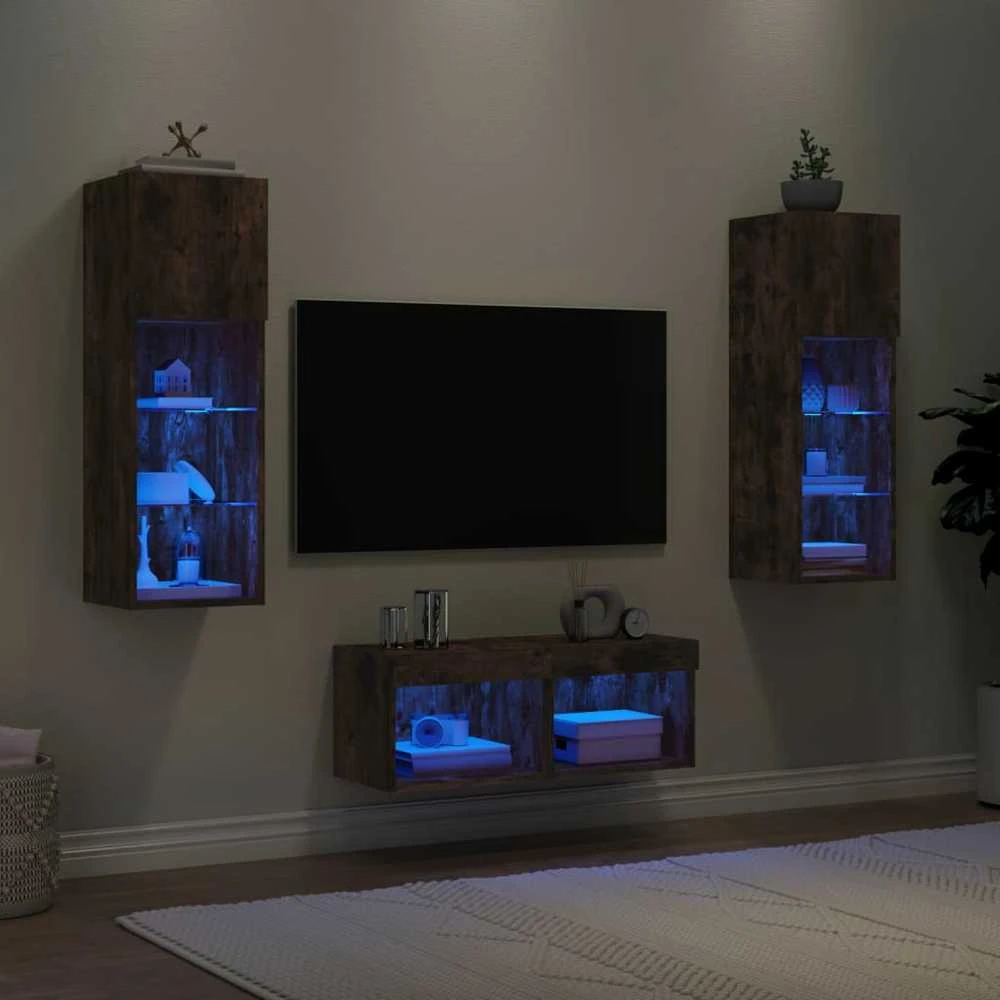 TV staliukas Sieninės TV spintelės su LED lemputėmis, 4 dalių, dūminės