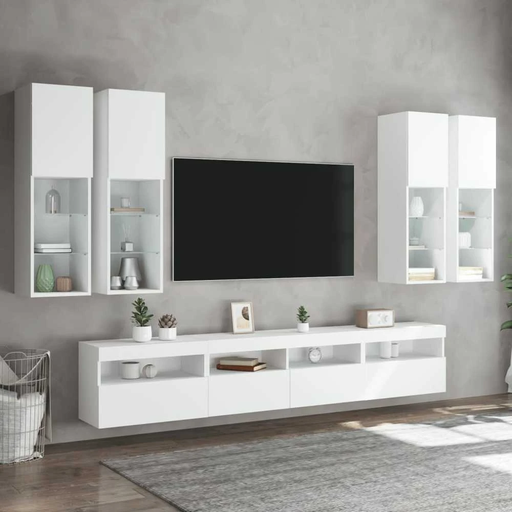 TV staliukas Sieninės TV spintelės su LED lemputėmis, 7vnt., baltos spalvos