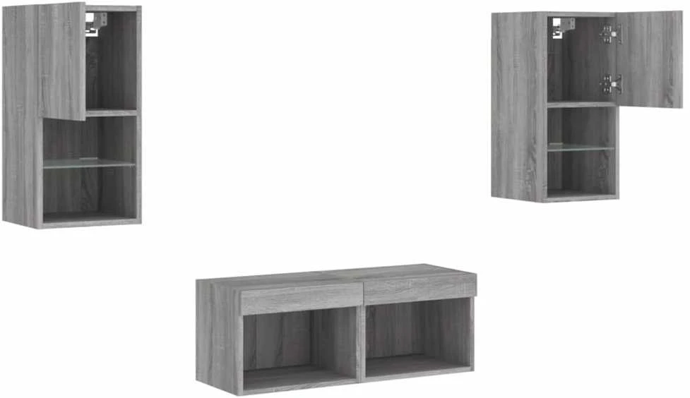 TV staliukas Sieninės TV spintelės su LED lemputėmis, 4 dalių, pilkos ąžuolo