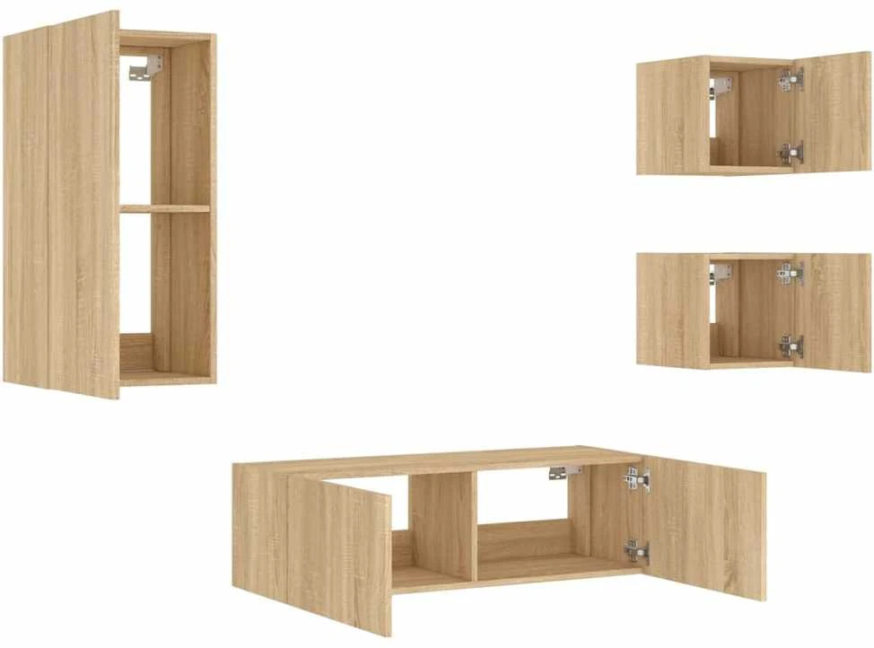 TV staliukas Sieninės TV spintelės su LED lemputėmis, 4 dalių, ąžuolo