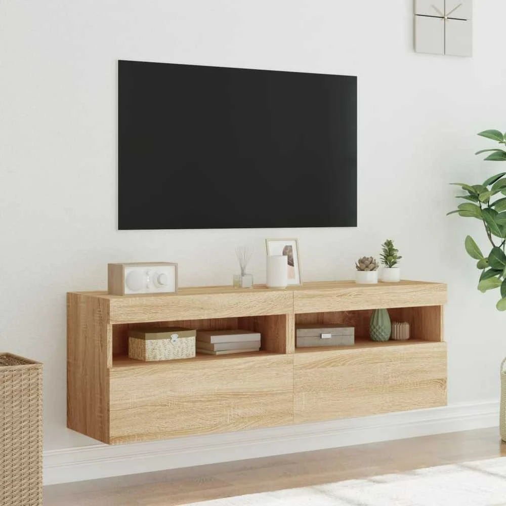 TV staliukas Sieninės TV spintelės su LED, 2vnt., sonoma ąžuolo, 60x30x40cm