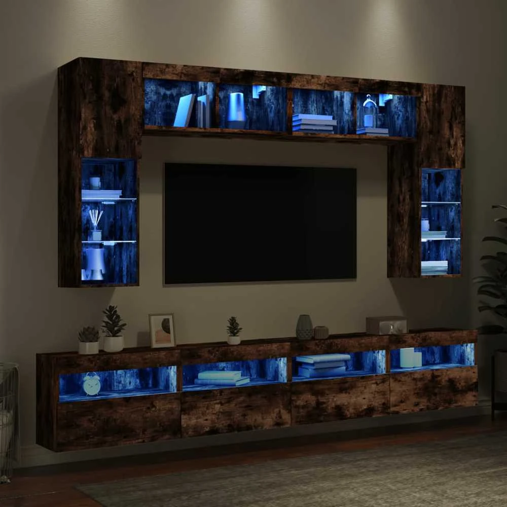 TV staliukas Sieninės TV spintelės su LED lemputėmis, 8vnt., dūminės ąžuolo