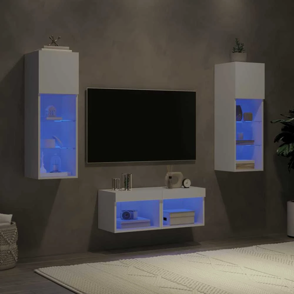 TV staliukas Sieninės TV spintelės su LED lemputėmis, 4 dalių, baltos