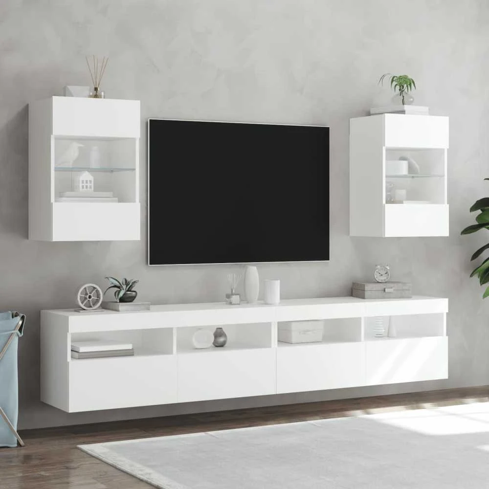 TV staliukas Sieninės TV spintelės su LED, 2vnt., baltos, 40x30x60,5cm