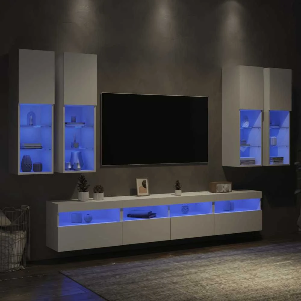 TV staliukas Sieninės TV spintelės su LED lemputėmis, 7vnt., baltos spalvos