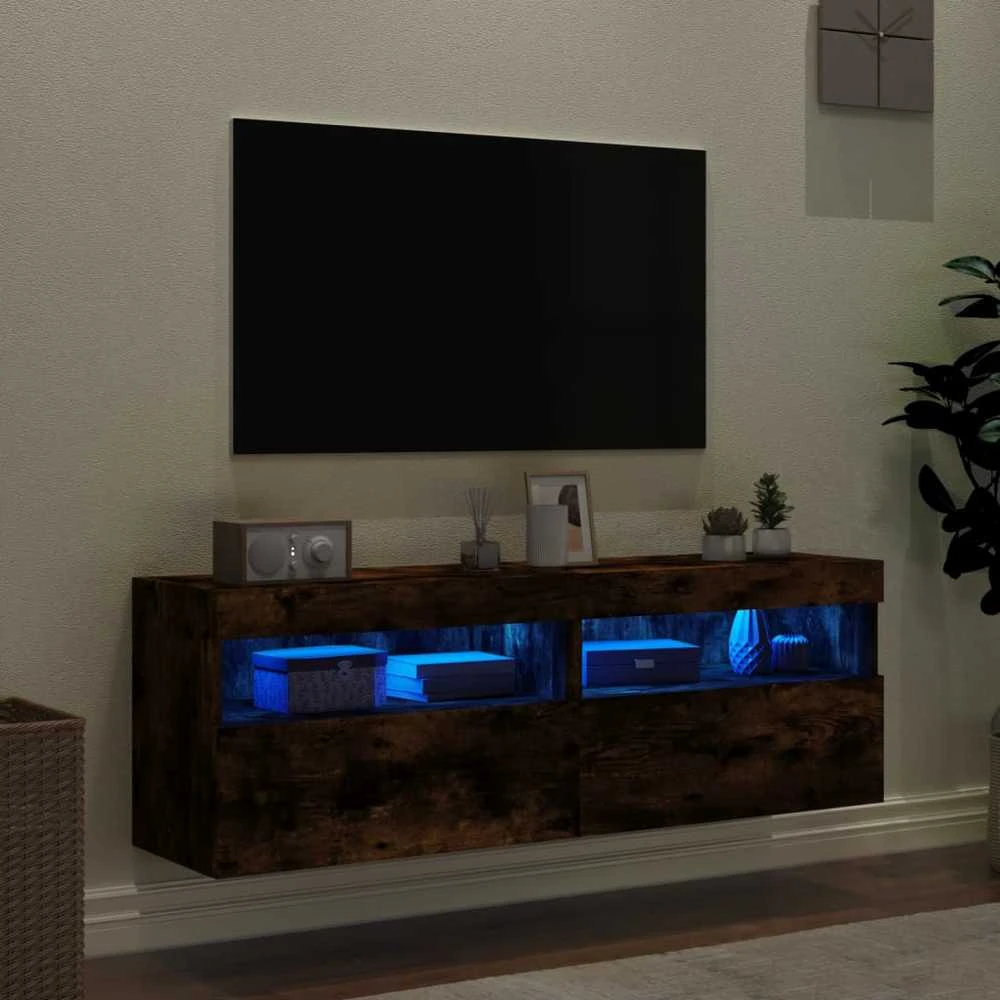 TV staliukas Sieninės TV spintelės su LED, 2vnt., dūminės ąžuolo, 60x30x40cm