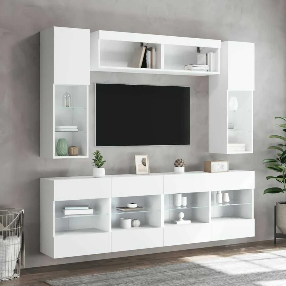 TV staliukas Sieninės TV spintelės su LED lemputėmis, 6vnt., baltos spalvos