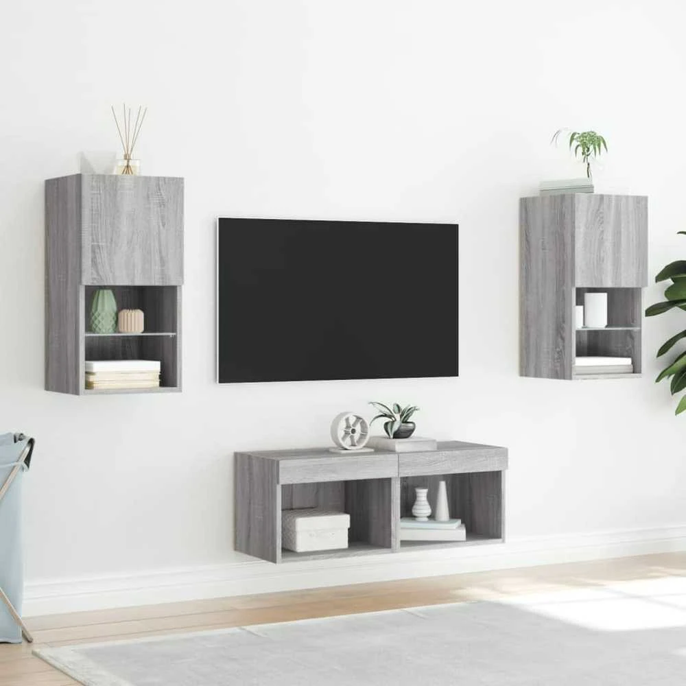 TV staliukas Sieninės TV spintelės su LED lemputėmis, 4 dalių, pilkos ąžuolo