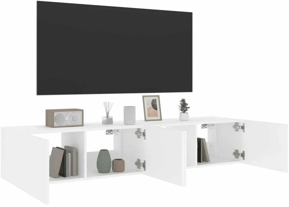 TV staliukas Sieninės TV spintelės su LED, 2vnt., baltos, 80x35x31cm