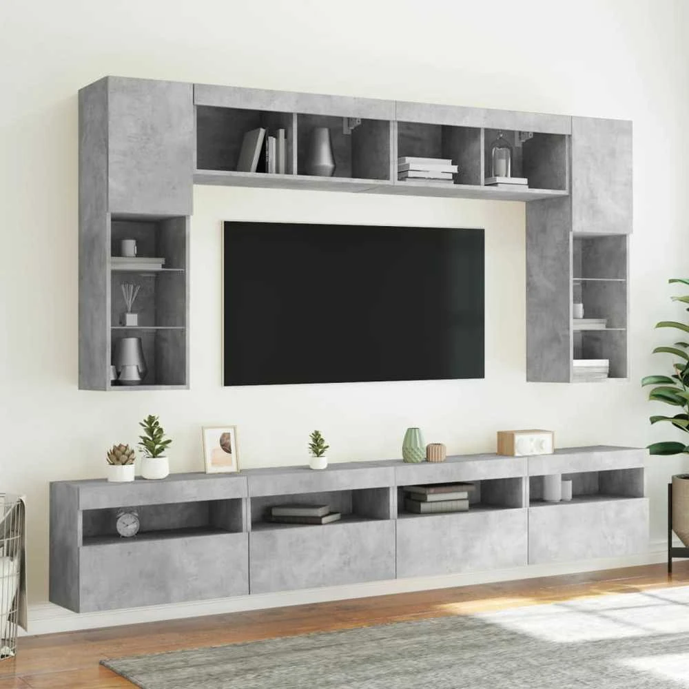 TV staliukas Sieninės TV spintelės su LED lemputėmis, 8vnt., betono pilkos