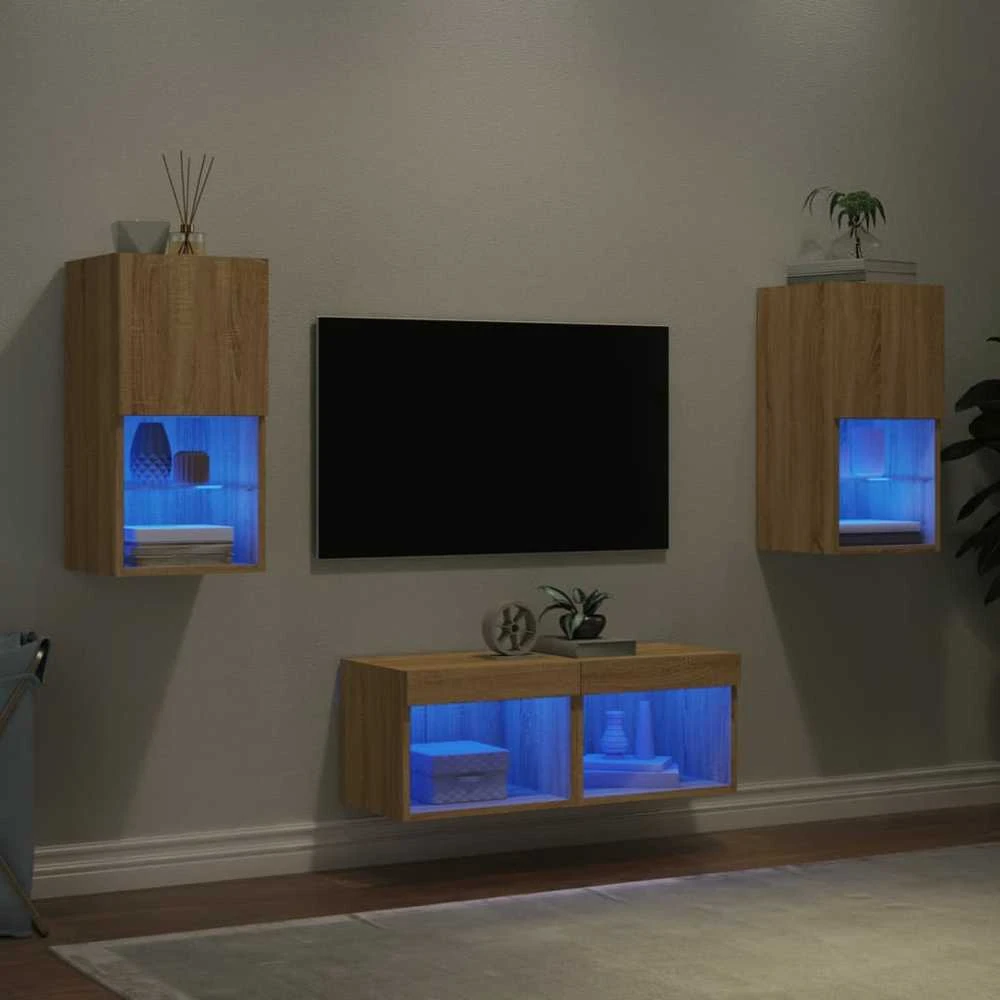 TV staliukas Sieninės TV spintelės su LED lemputėmis, 4 dalių, ąžuolo