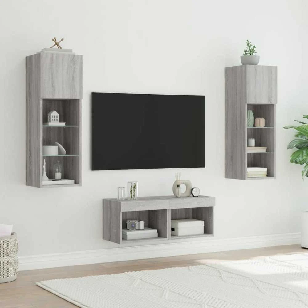 TV staliukas Sieninės TV spintelės su LED lemputėmis, 4 dalių, pilkos ąžuolo