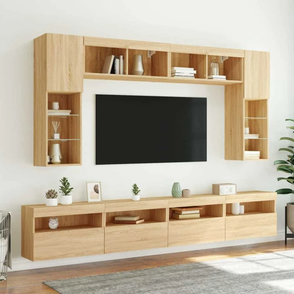 TV staliukas Sieninės TV spintelės su LED lemputėmis, 8vnt., ąžuolo spalvos