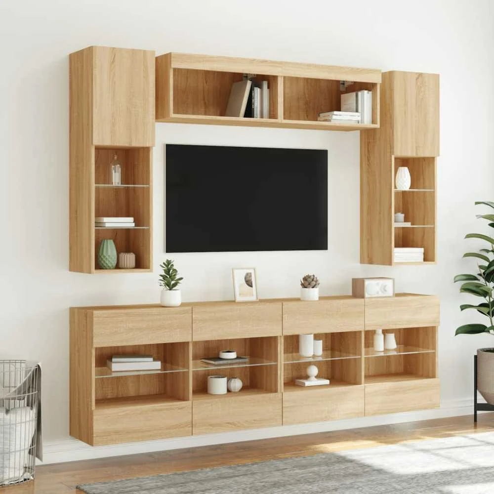 TV staliukas Sieninės TV spintelės su LED lemputėmis, 6vnt., ąžuolo spalvos
