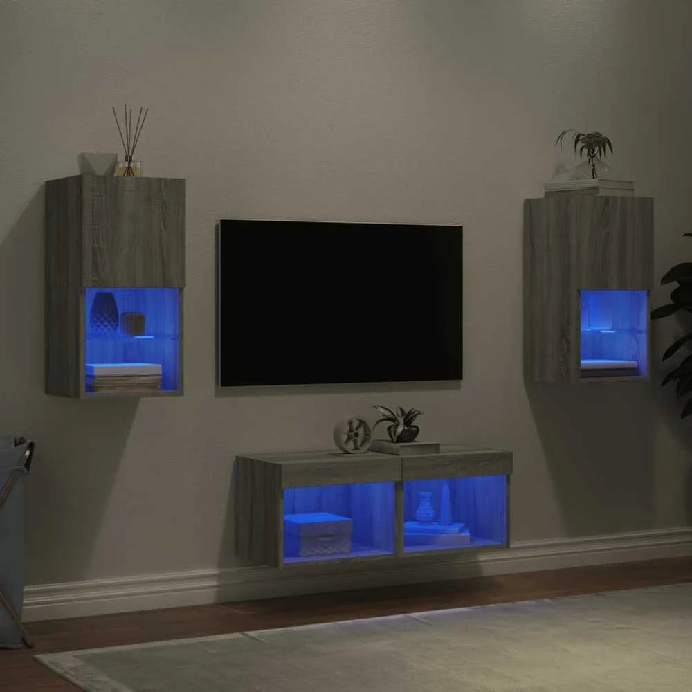 TV staliukas Sieninės TV spintelės su LED lemputėmis, 4 dalių, pilkos ąžuolo