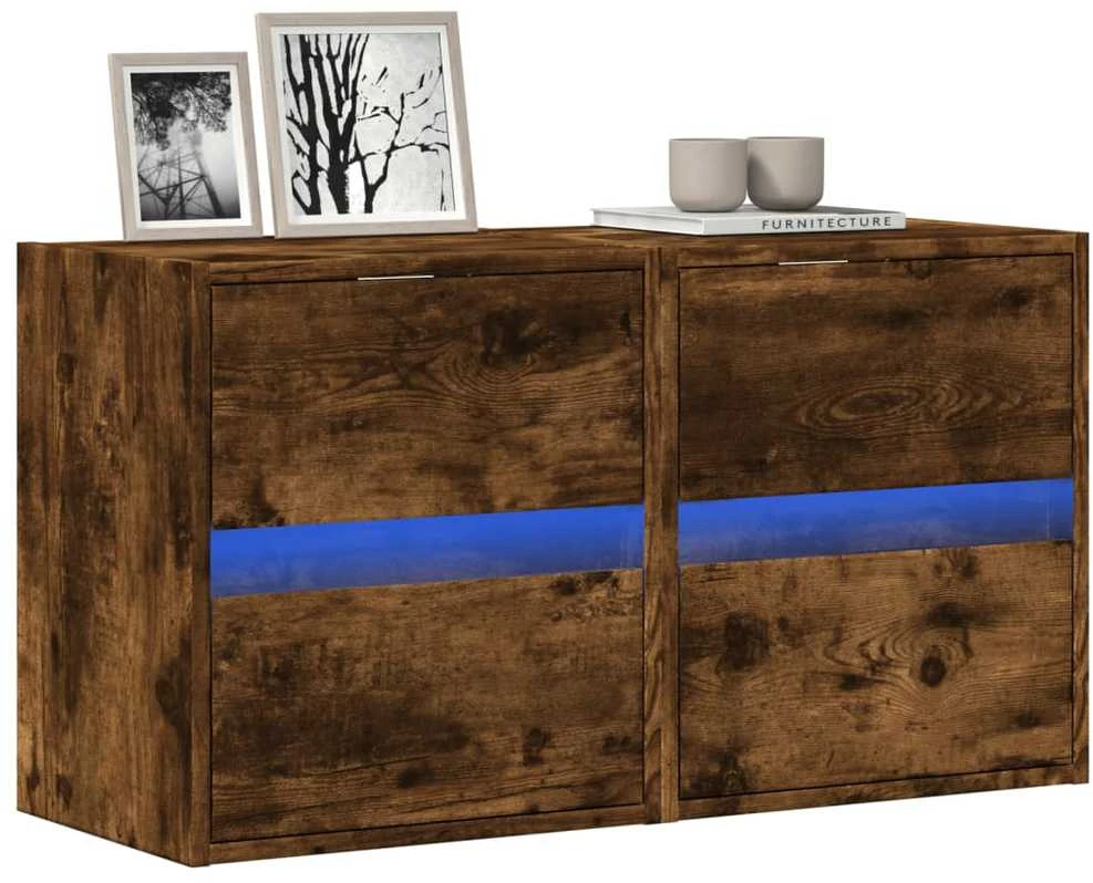 TV staliukas Sieninės TV spintelės su LED, 2vnt., dūminio ąžuolo, 41x31x45cm