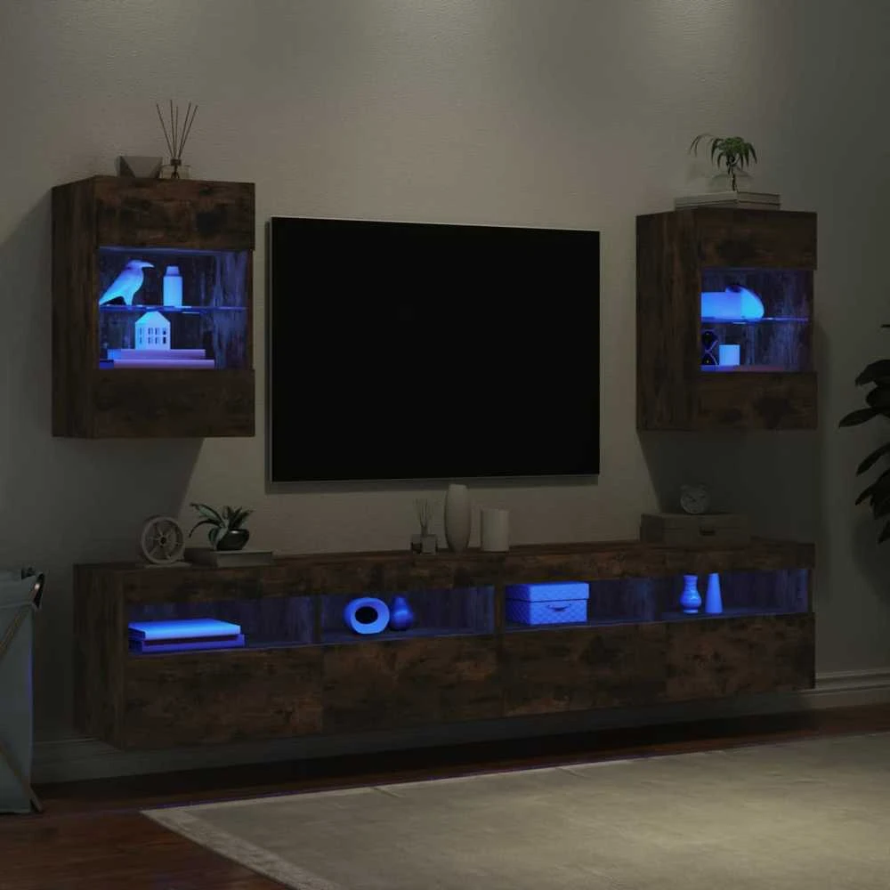 TV staliukas Sieninės TV spintelės su LED, 2vnt., dūminės, 40x30x60,5cm